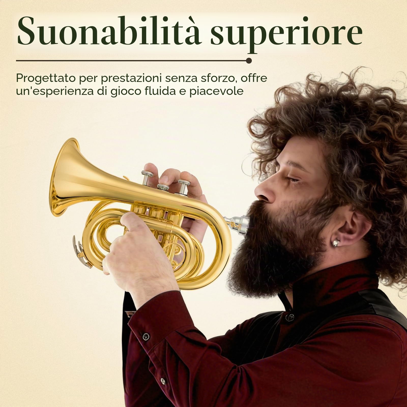 SONICAKE Tromba Tascabile Sib Ottone Laccatura Oro, Kit Completo per Principianti con Bocchino 7C, Custodia Rigida, Guanti QPT-01