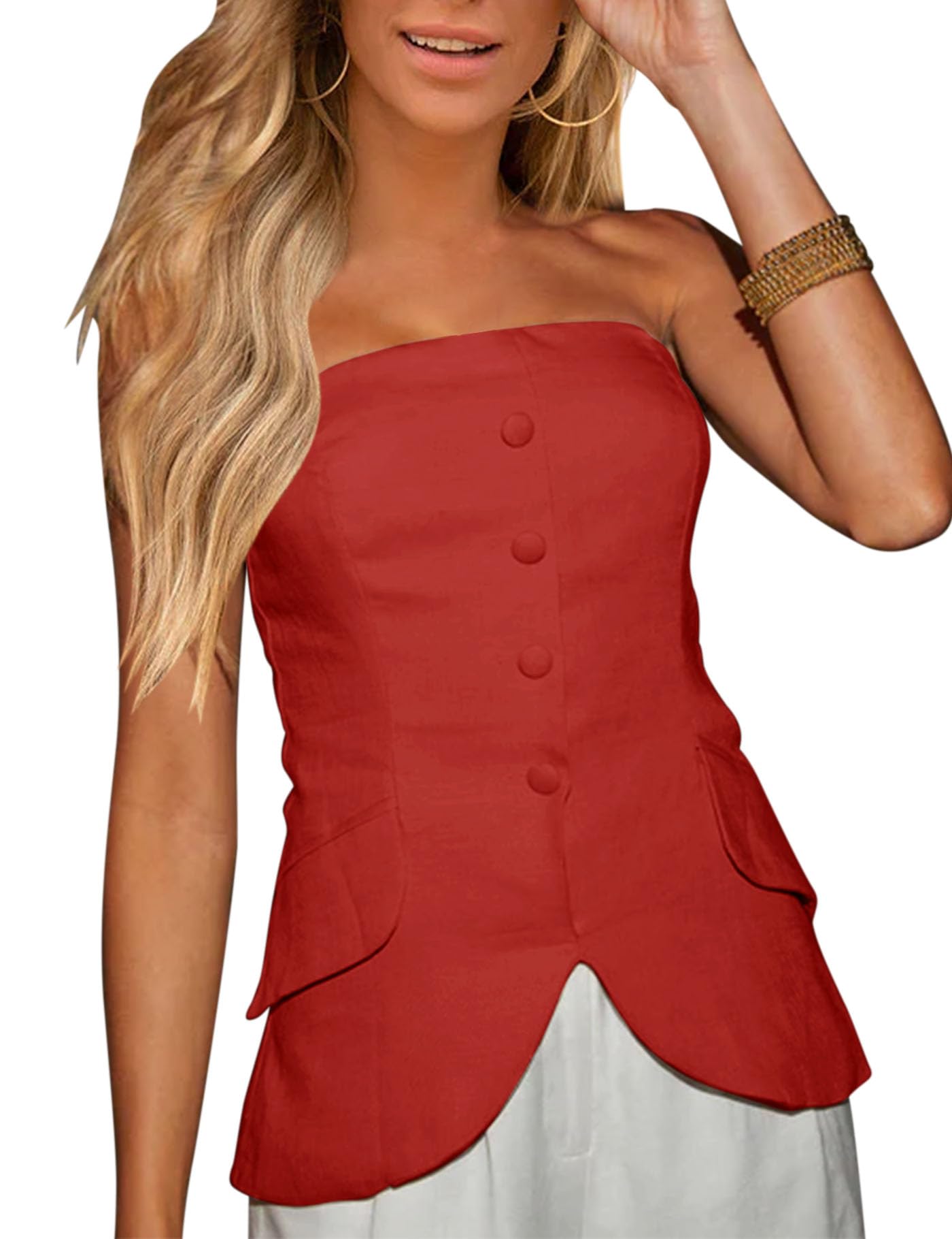 Fallorchid Womens Non functional Button Front Strapless Sleeveless Tops Vest Casual Split Hem Tube Top