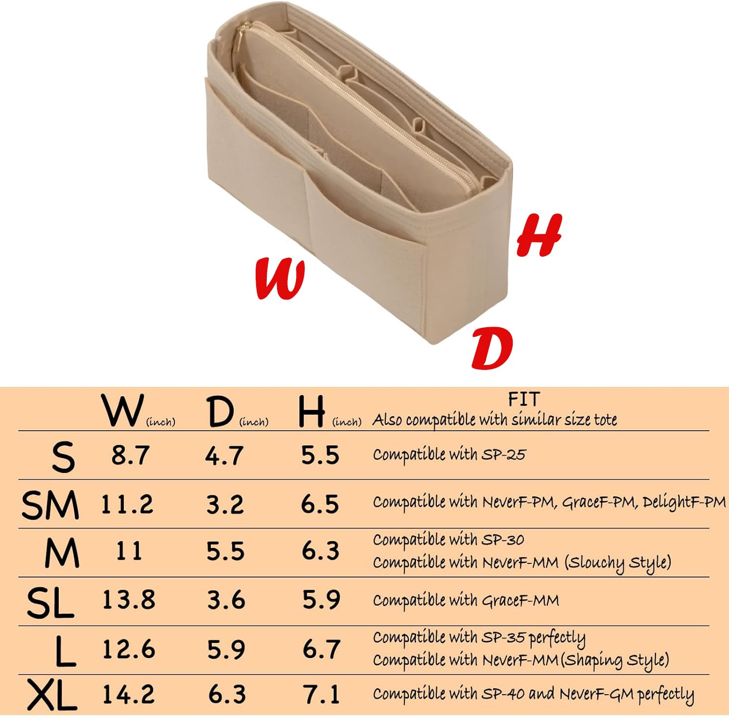 DailyPlus Organizer, wkład do torebki, torby typu tote, z zamkiem błyskawicznym, z breloczkiem, filcowy, rozmiar Slender M, beżowy