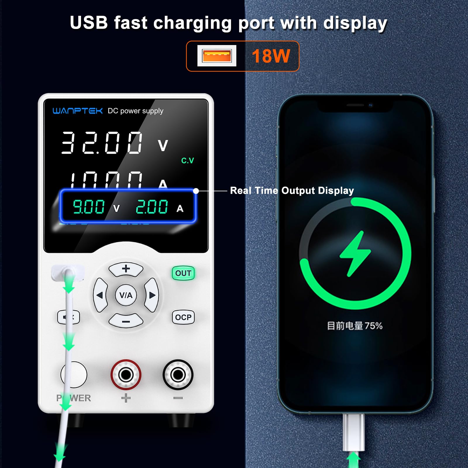 Alimentation Laboratoire 30V 10A, Variable avec Bouton Ajustable, Stabilisée OCP/Bouton de Sortie/Charge Rapide USB 18W / Mode Silencieux