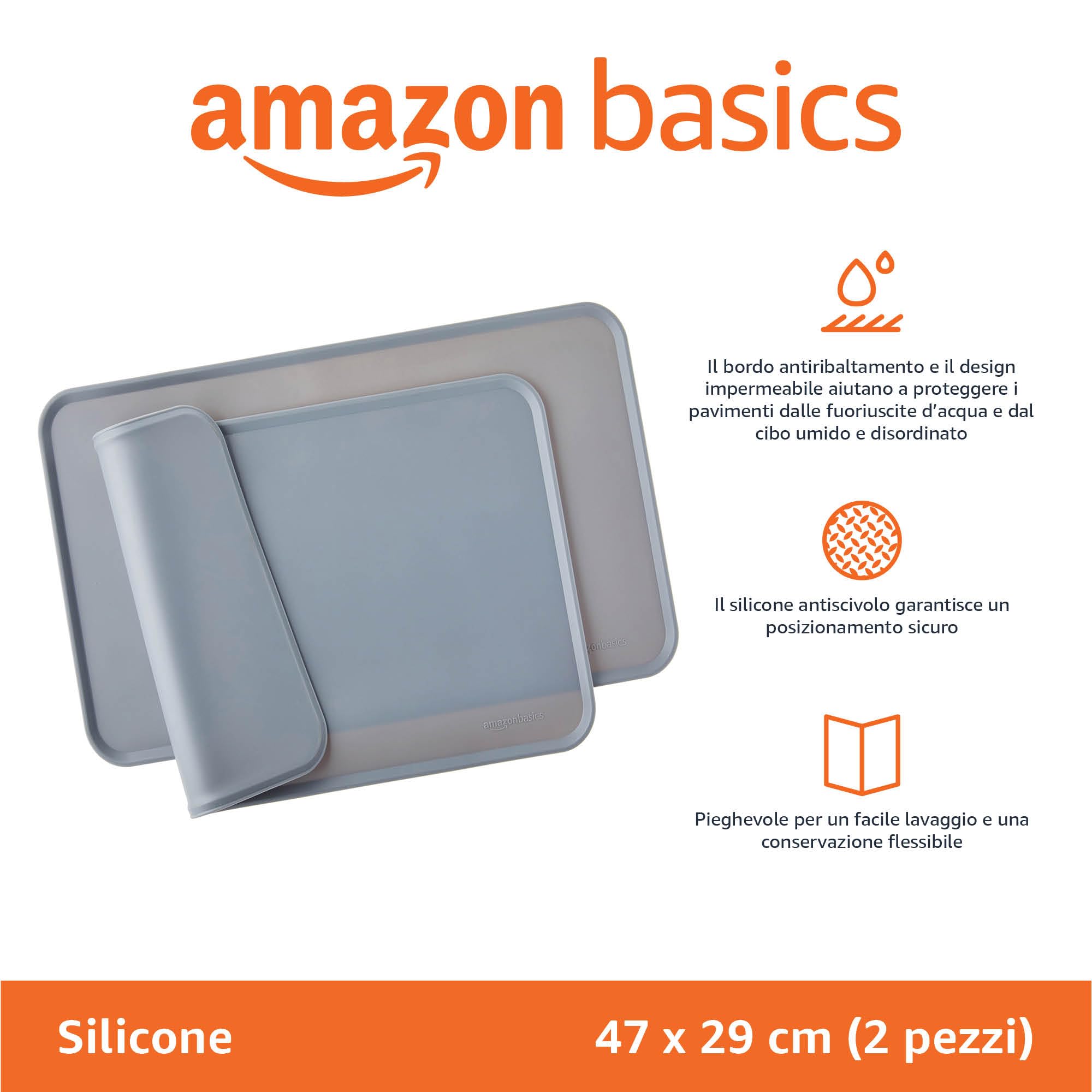 Amazon Basics tappetino sottociotola per animali domestici, impermeabile, in silicone - 47 x 29 cm, Grigio (confezione da 2), Tinta unita