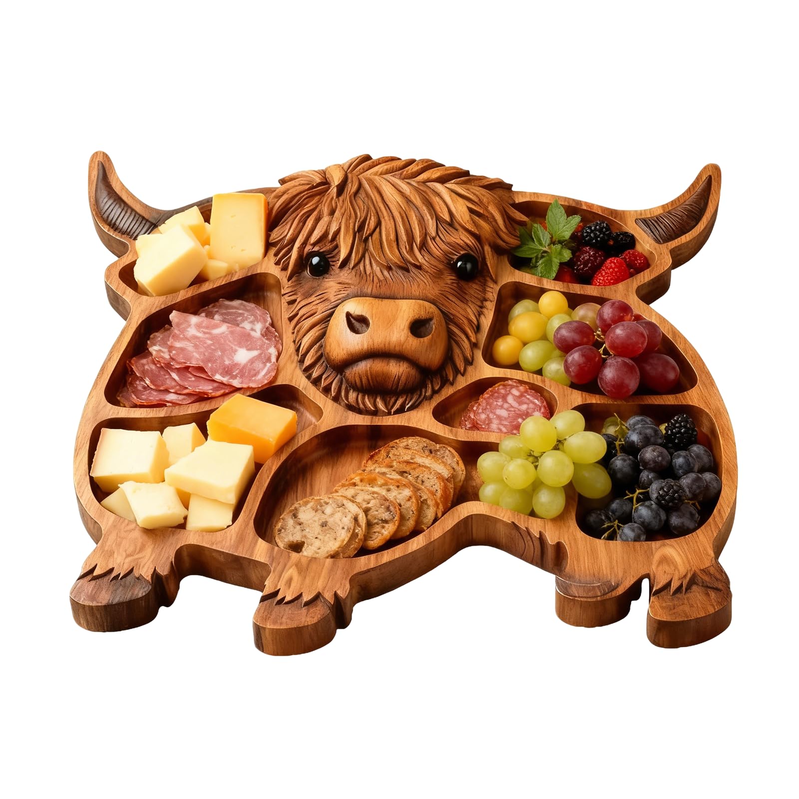Highland-Cow Wood Serving Trays,Charcuterie Boards,Rustic Farmhouse Serving Board, Reusable Platter for Cheese, Meat, Snacks, Fruit, Cookies, Sandwich (A)