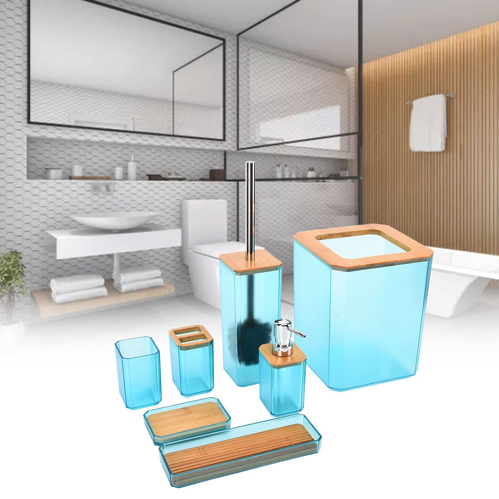 Juego De Accesorios De Baño De 7 Piezas, Juego De Baño De Madera, Soporte Para Cepillo De Dientes, Taza Para Cepillo De Dientes, Dispensador De Jabón, Jabonera, Soporte Para Cepillo De Baño (Blue)