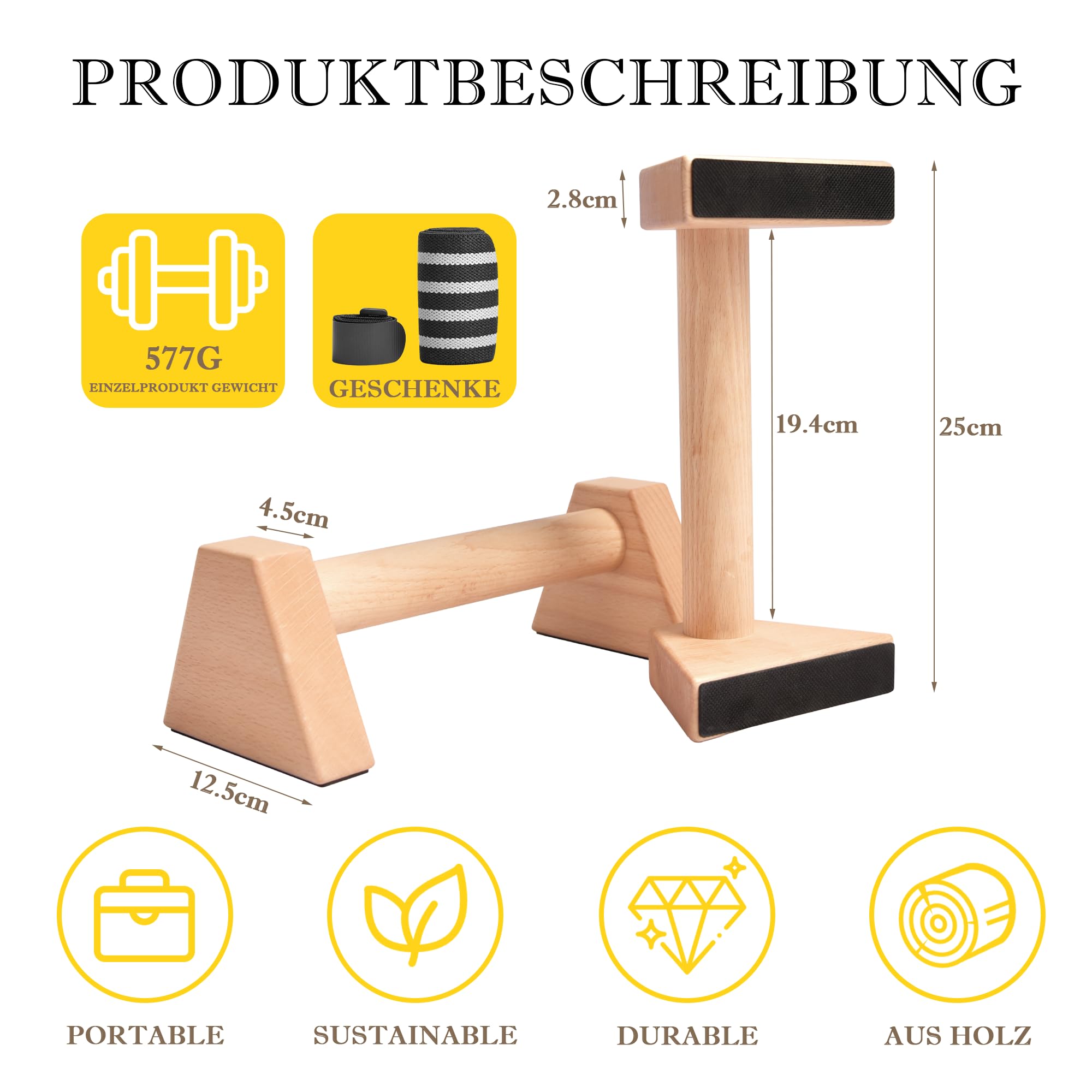 Liegestützgriffe aus Holz, 2er Set Push Up Bars, Handstand Griffe, rutschfestes Calisthenics-Equipment für Fitness, Gymnastik und Krafttraining & Handgelenkbandagen