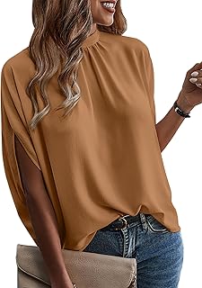 ONAYEYO Women's Elegant Blouse Casual Loose Tunic Shirt Back Laces Mocking Neck Dolman Sleeve Top T Shirt Summer Plain Top