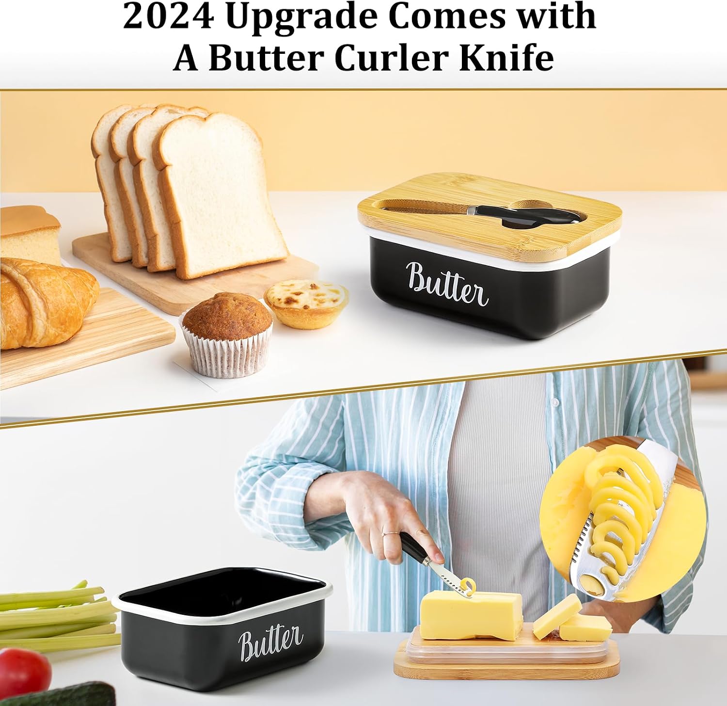 Butter Dish with Lid and Butter Curler Knife for Countertop - Unbreakable Metal Keeper Container with High-quality Double Silicone Sealing, for Kitchen Farmhouse Decor, Black image 2