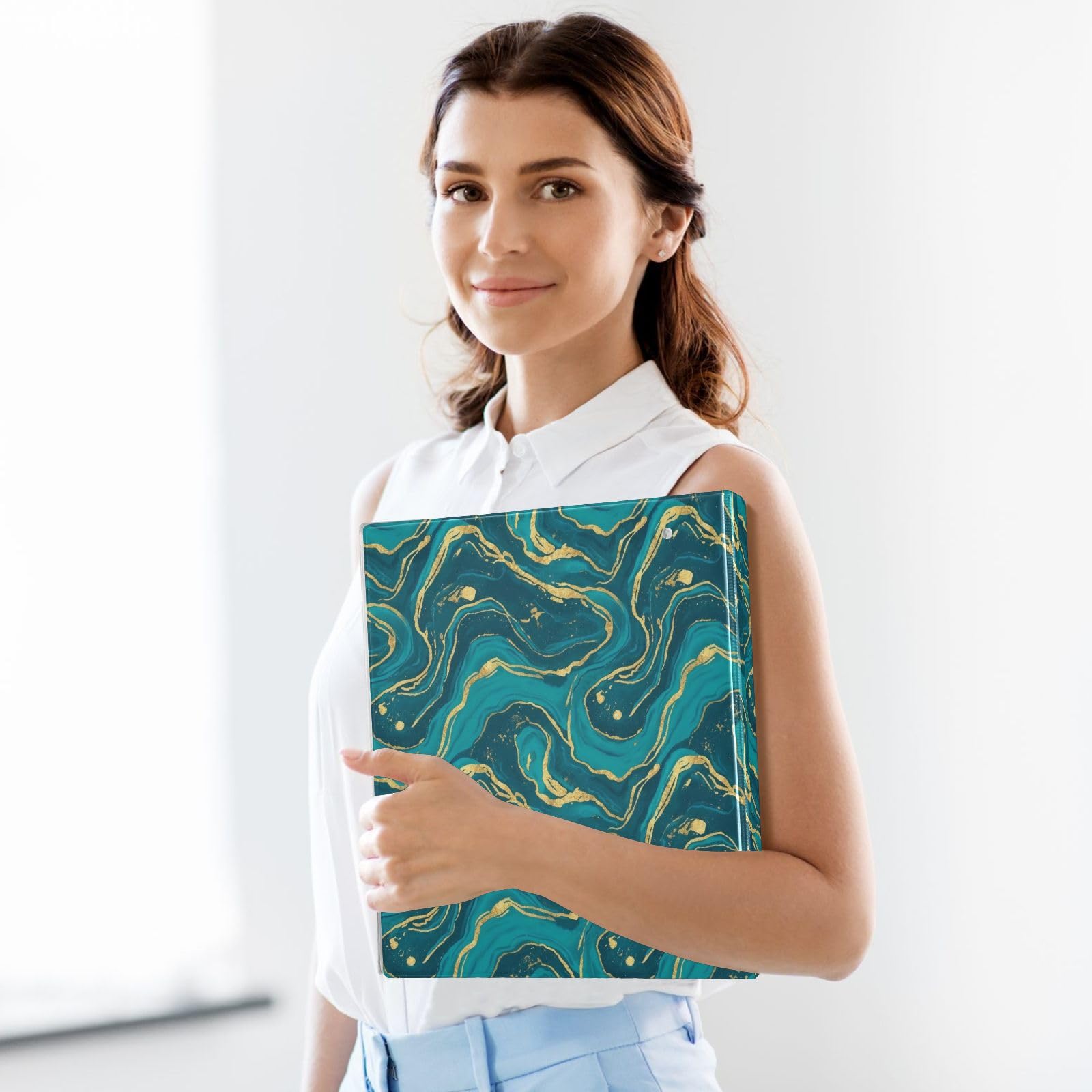 Carpeta de 3 anillos con estampado de mármol turquesa verde azulado de 1.5 pulgadas, carpeta de anillos en D, paquete de 2 | Con portapapeles y bolsillos, para escuela, universidad, oficina