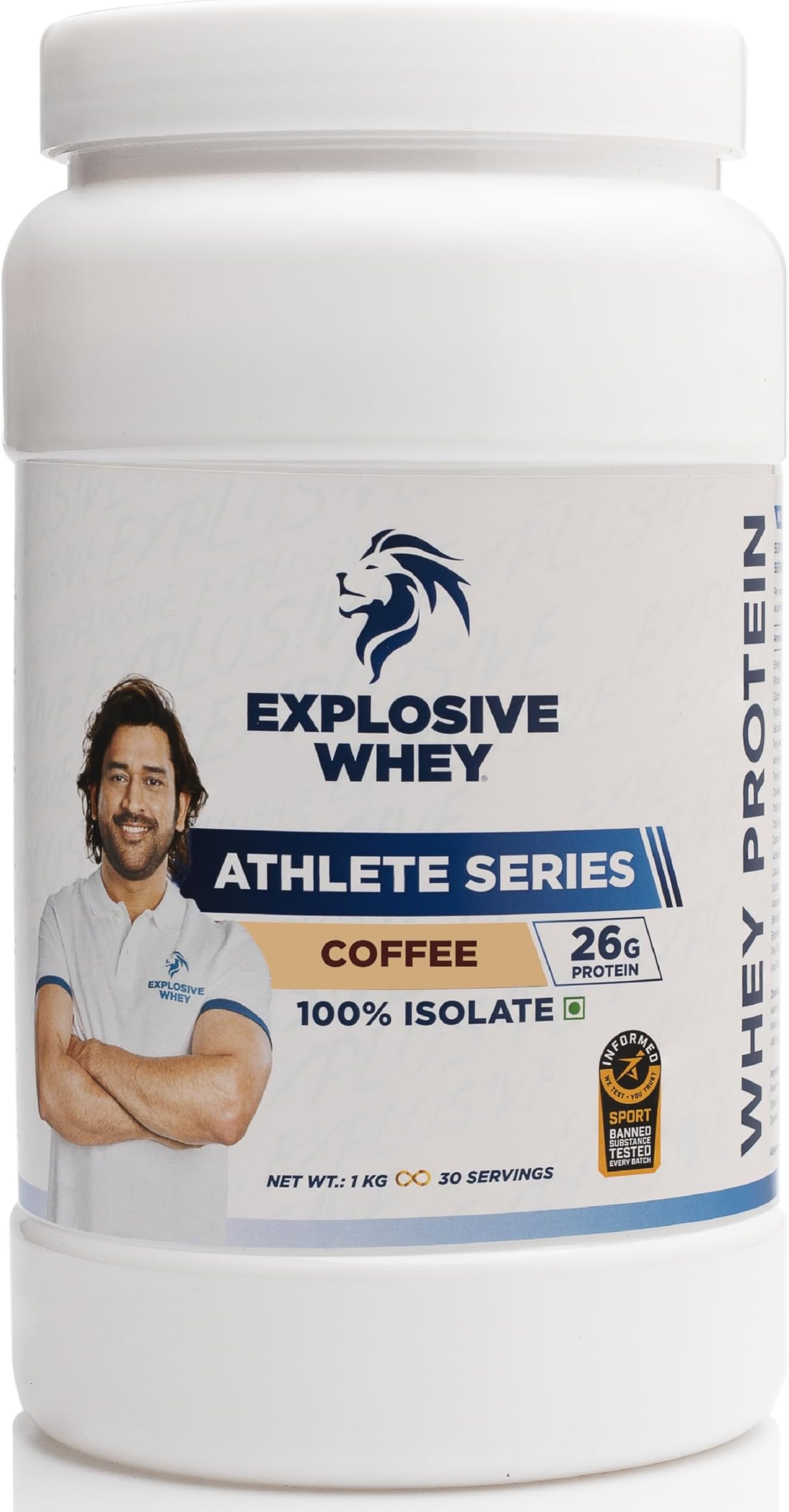 Explosive Whey Athlete Series Whey Protein 100% Isolate-1kg|Trusted by M.S. Dhoni & Kedar Jadhav|Informed Sport Certified|Muscle Support & Recovery-26g/Serving (30 Servings-1Kg,Coffee-26g Protein)