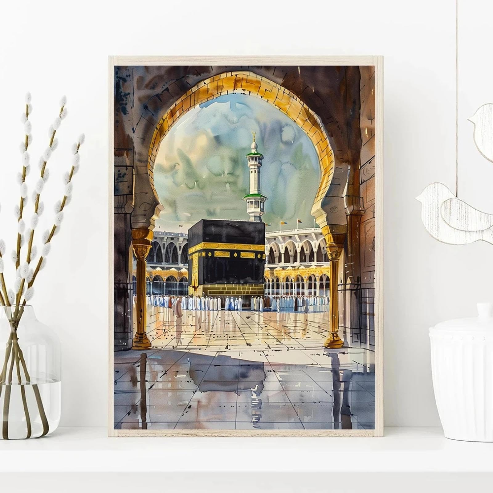 Gkuvbf Frameless Al-Aqsa Mosque Kaaba Islamic Canvas Prints Poster Watercolors Decorative Painting Modern Pictures Living Room Home Decor 40X60cm