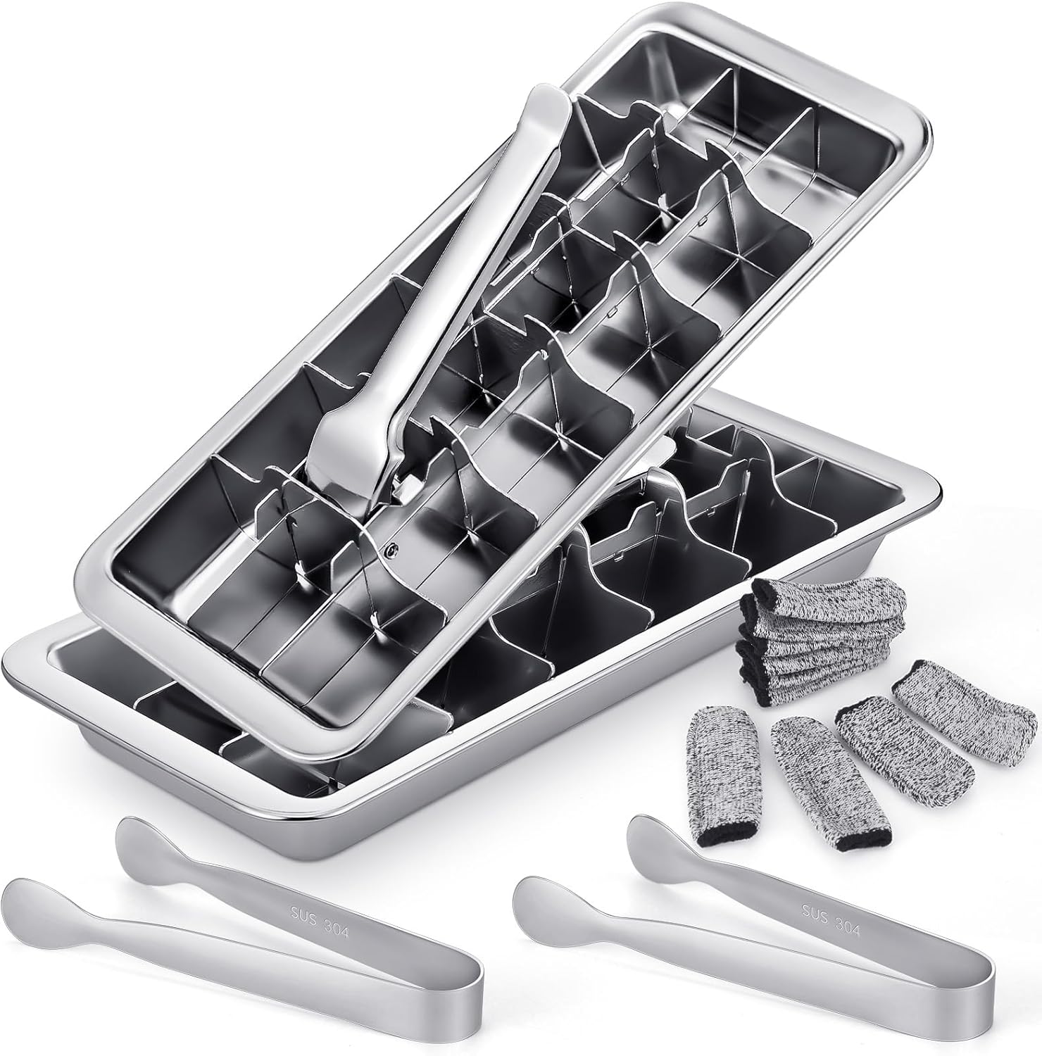 2 Set Stainless Steel Ice Cube Tray 18 Slot Metal Ice Maker Freezer Molds with Lever Tweezers Finger Gloves for Food Juice Bars Kitchens Freezer