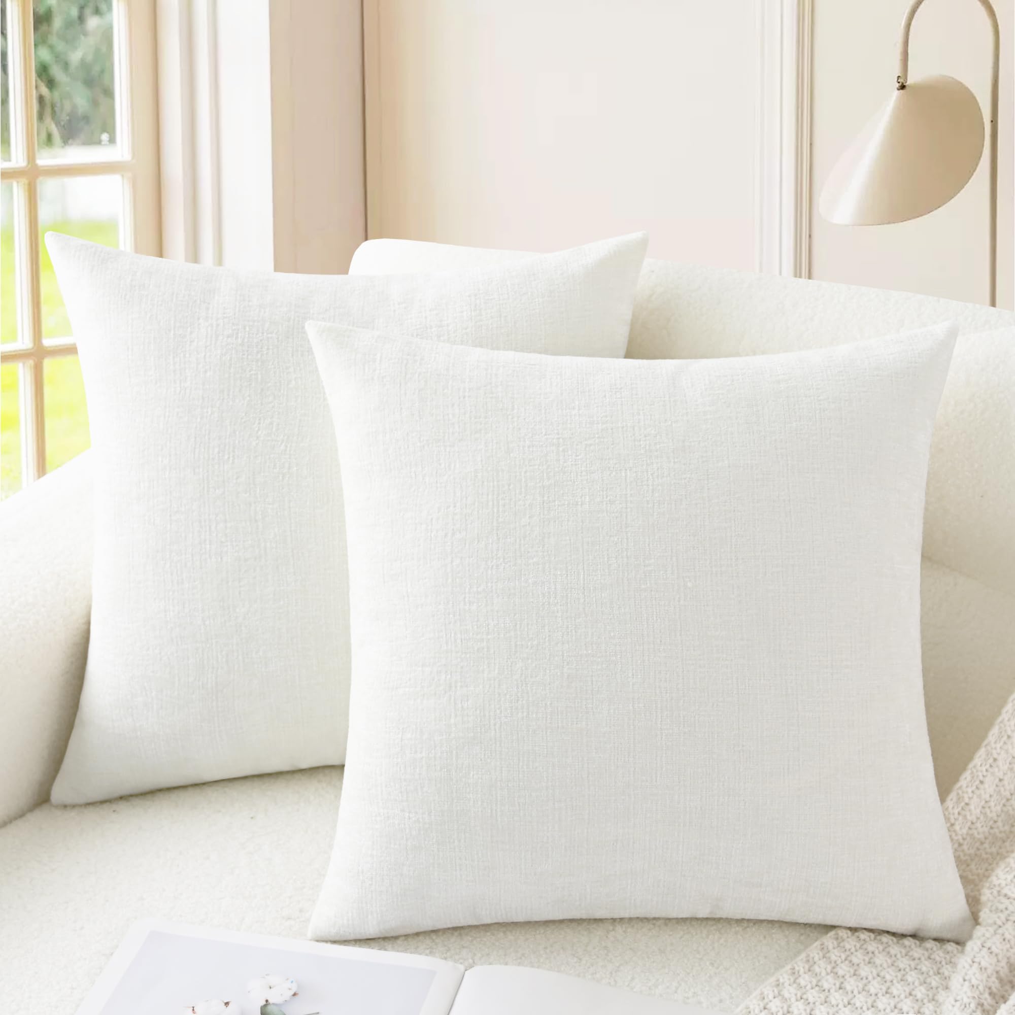 CaliTime Cushion Covers Pack of 2 Cozy Throw Pillow Covers Cases for Couch Sofa Home Decoration Solid Dyed Soft Chenille 66cm x 66cm True White โ image 1