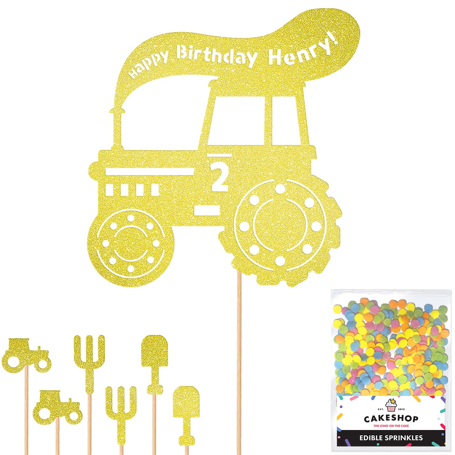 Personalised Farm Tractor Glitter Cake Topper- Champagne Any Custom Age & Name Glitter Cake Decoration and Sprinkles - Happy Birthday Decorations - Personalised Toppers for Cakes by Cakeshop
