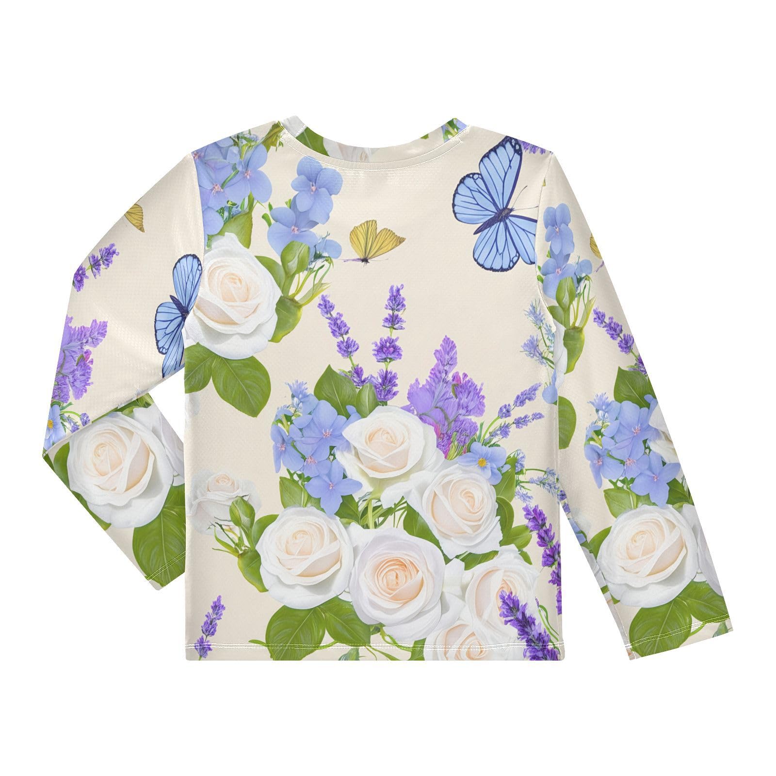 DOMIKING Butterfly Lavender Floral Beige Boys Long Sleeve Rashguard Shirt Kids Quick Dry Swim Shirt for Kids Toddler 11-12T