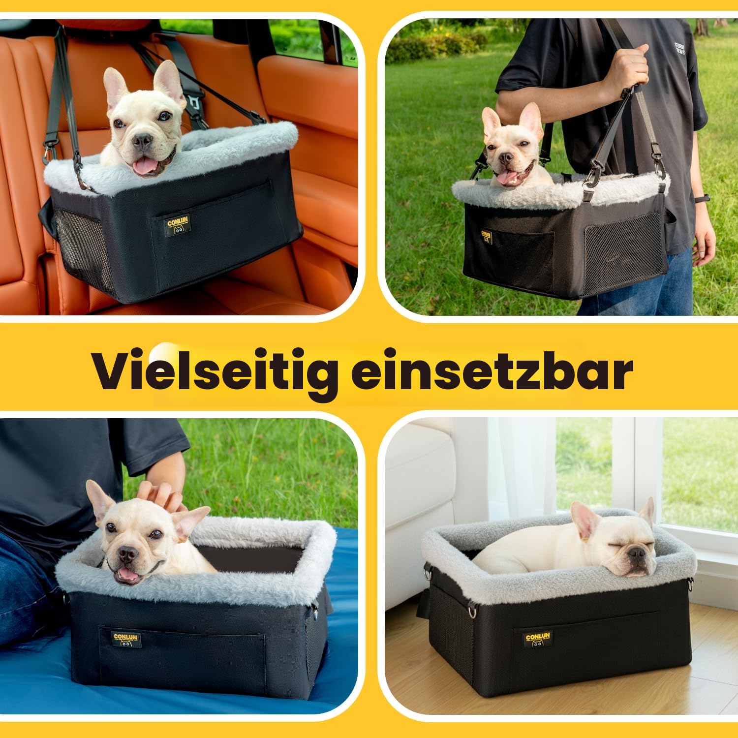 Conlun Hunde Autositz für Kleine Hunde bis 9kg - Stabiler Hundesitz Auto mit Stahlrahmen & Fronttasche - Faltbarer Hundekorb Auto mit Sicherheitsleine & Waschbarer Einlage (40x33x22cm)