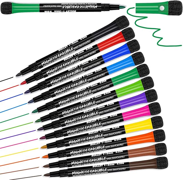 12 Whiteboard Pens -White Board Markers Erasable Whiteboard Markers, White Board Pens Colour Dry Wipe Markers, Magnetic Whiteboard Pens with Eraser, Thin Whiteboard Marker Pens Fine Dry Wipe Pens