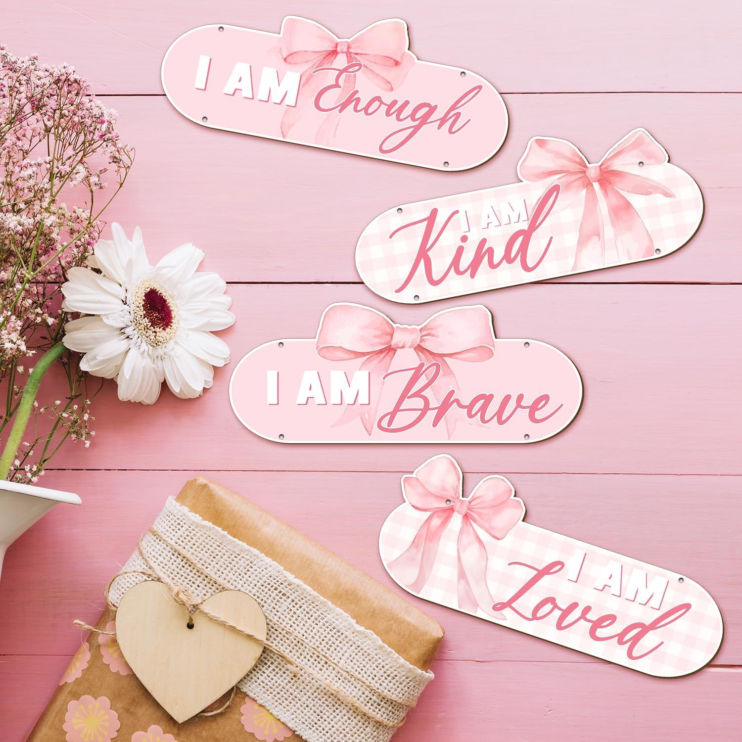 Mandala Soul Pink Bow Wall Decor for Girls, Wooden Hanging Wall Inspirational Art, Preppy Women Bedroom, Decorations for Bedroom teen girl, I Am Enough I Am Kind I Am Brave I Am Loved (Pink)-4 Pc 2