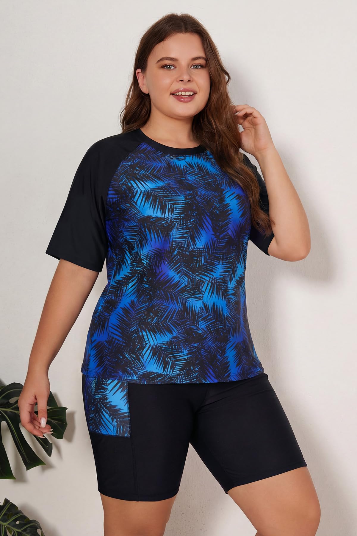 SHEKINI Conjunto de camiseta de baño para mujer, de gran tamaño, con pantalones cortos de natación de secado rápido, para surf, protección solar, traje de baño