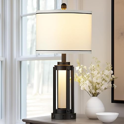 Miniatura 7 de 26" Modern Table Lamp with USB A+C Charging Ports & AC Outlet, Industrial Beside Contemporary Lamp Glass LED Night Light for Living Room Bedroom
