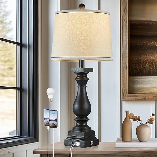 Miniatura 9 de Lámparas de mesa de granja de 28 pulgadas de alto con puertos USB C+A y salida de CA, control táctil de 3 vías, lámparas rústicas para dormitorio,