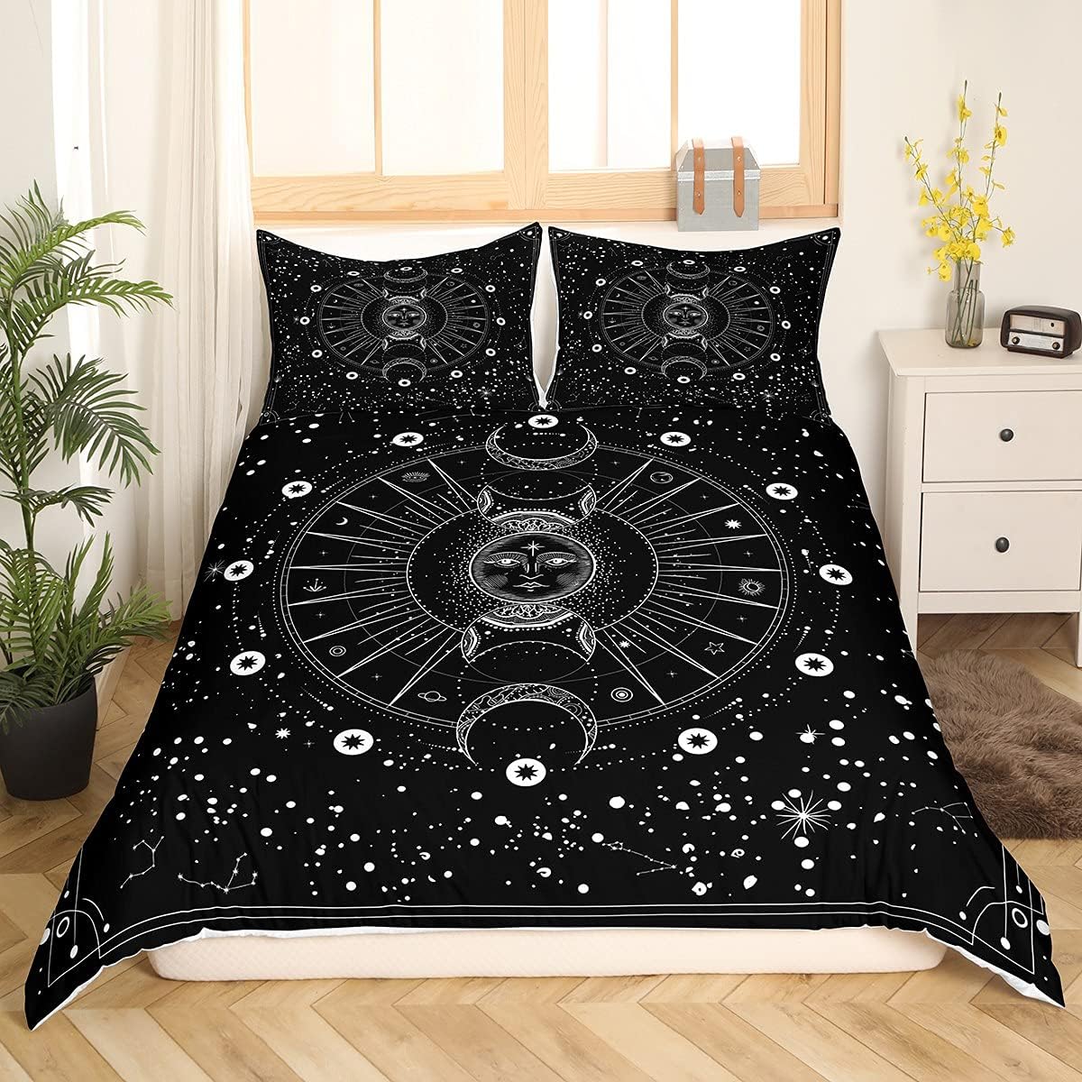 Feelyou Sun and Moon Comforter Cover Set Queen Size Black and White Psychedelic Constellation Bedding Set Boho Exotic Mandala Duvet Cover Galaxy Astrology Space Bed Chic Room Decor (No Comforter)
