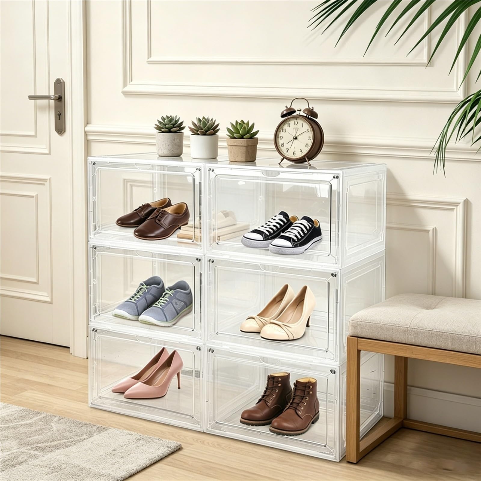 TYNGBT Transparent Shoe Organizer Boxes, Extra-Large Stackable Front-Opening Shoe Storage, Clear Shoe Boxes for Sneakers Display