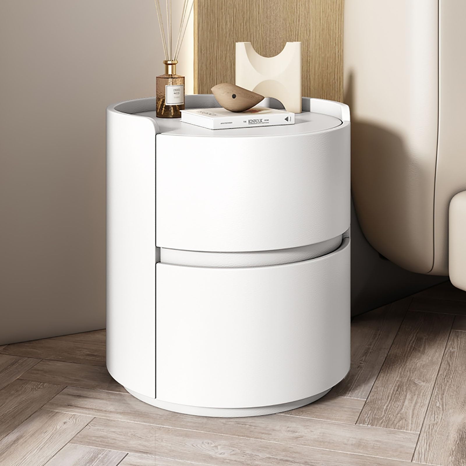 XDOPIRRS Modern Round Bedside Table, 2-Drawer Storage