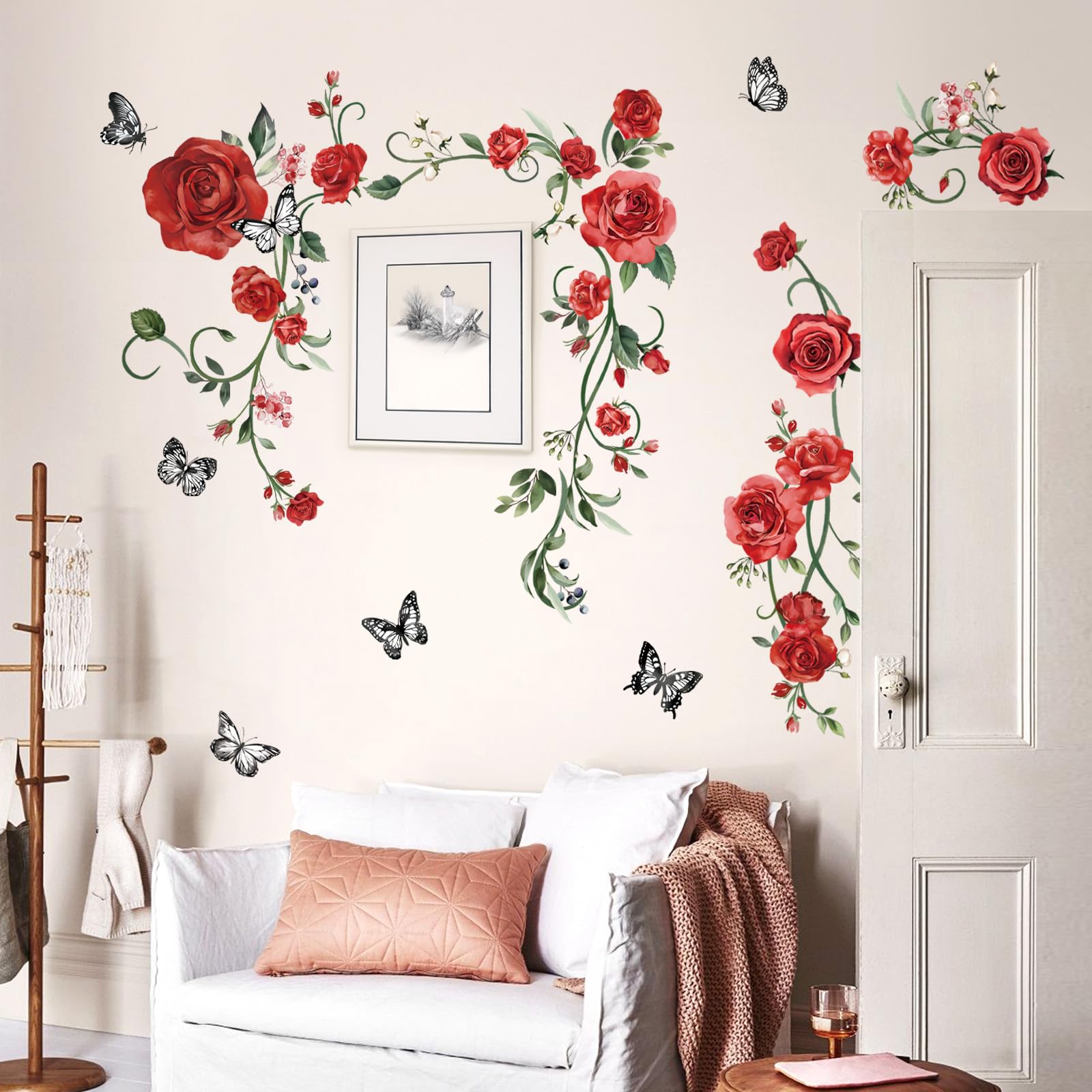 decalmile Red Rose Vine Wall Decals Flowers Butterfly Leaves Wall Stickers Bedroom Living Room Kitchen Wall Decor - Image 3