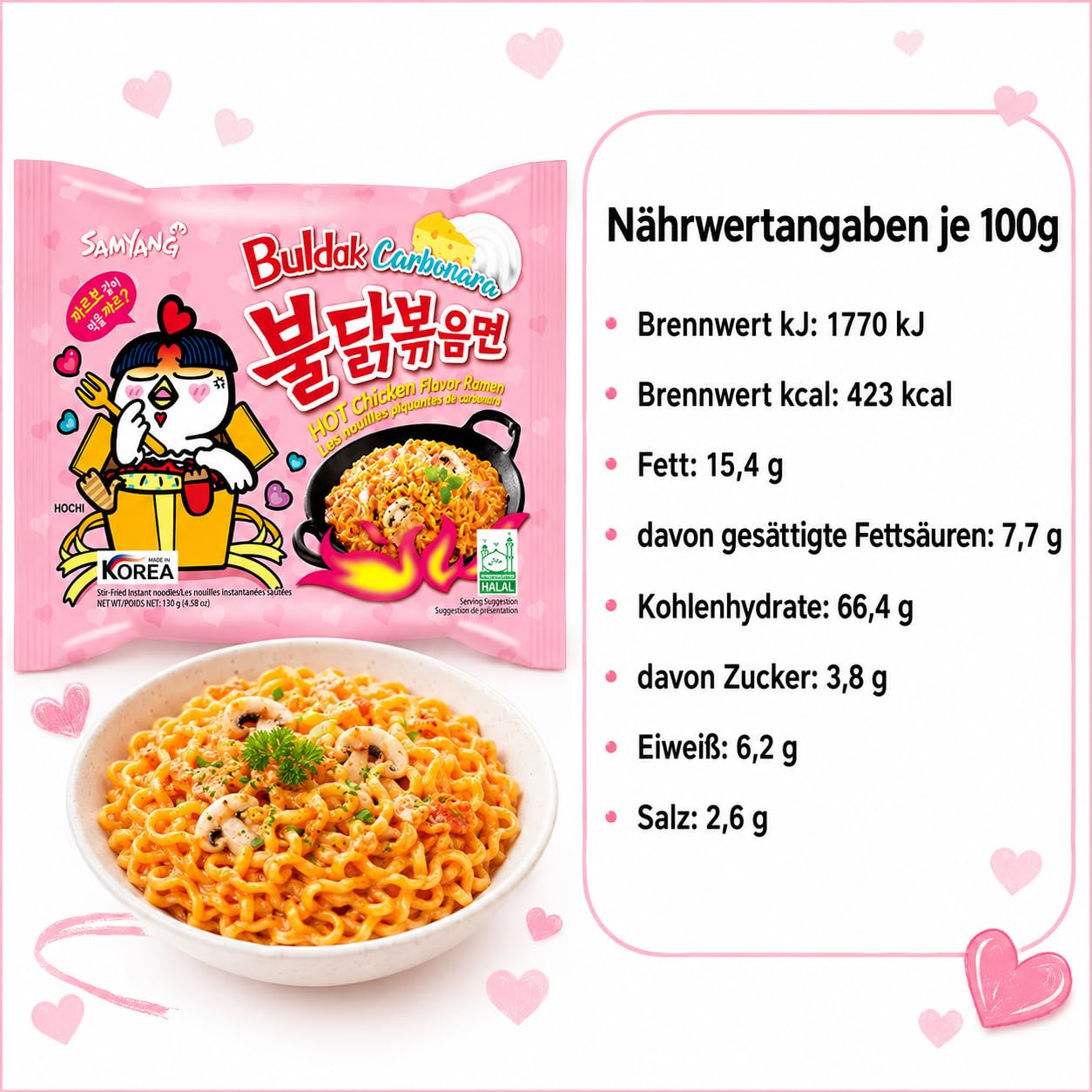 Samyang Buldak Carbonara Ramen 40er Karton 40 x 130g – Koreanische Instantnudeln, scharf & cremig, Hot Chicken Flavour, Großpackung 5,2 kg
