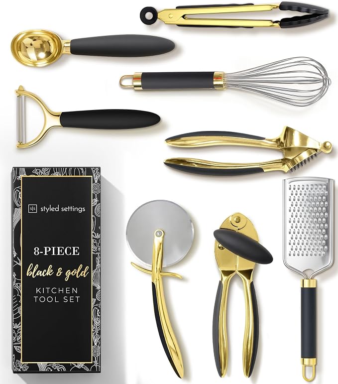 Black and Gold Kitchen Utensils Set - 23-Piece Luxury Kitchen Accessories Includes Gold Measuring Cups, Spoons, Silicone Cooking Utensils and Tools for Baking, Cooking, and Stylish Kitchen Decor