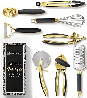 Black and Gold Kitchen Utensils - Luxe 8-Piece Gold Kitchen Tools Set with Can Opener, Pizza Cutter, Peeler, Mini Whisk, and Tongs - Stylish Accessories for Modern Cooking and Ideal for Gifting