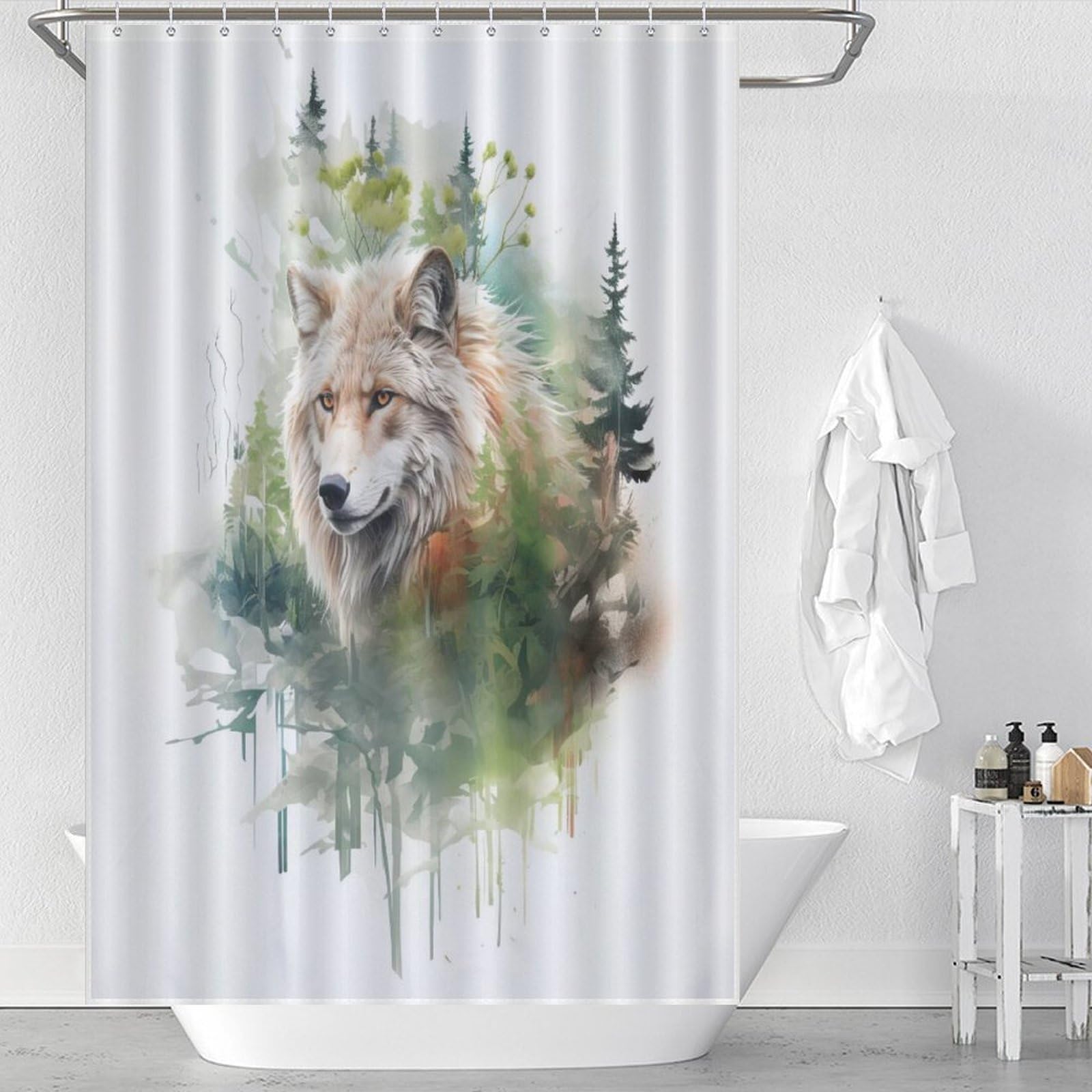 Rideau de douche loup en tissu de qualité supérieure avec 12 trous