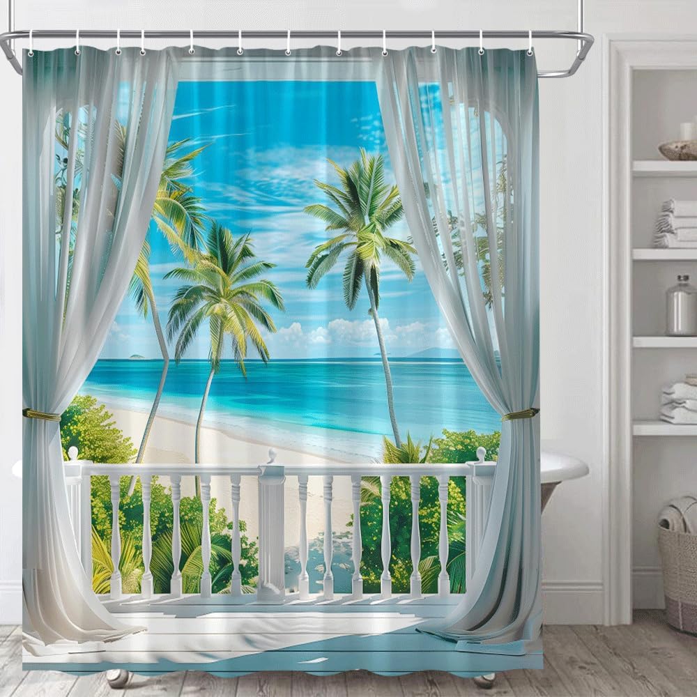 Sea View Shower Curtain Summer Blue Ocean Beach Tropical Palms Tree Island Through Seaside White Wooden Windows Balcony Hawaiian Vacation Nature Landscape Bathroom Decor Fabric Curtain with Hooks