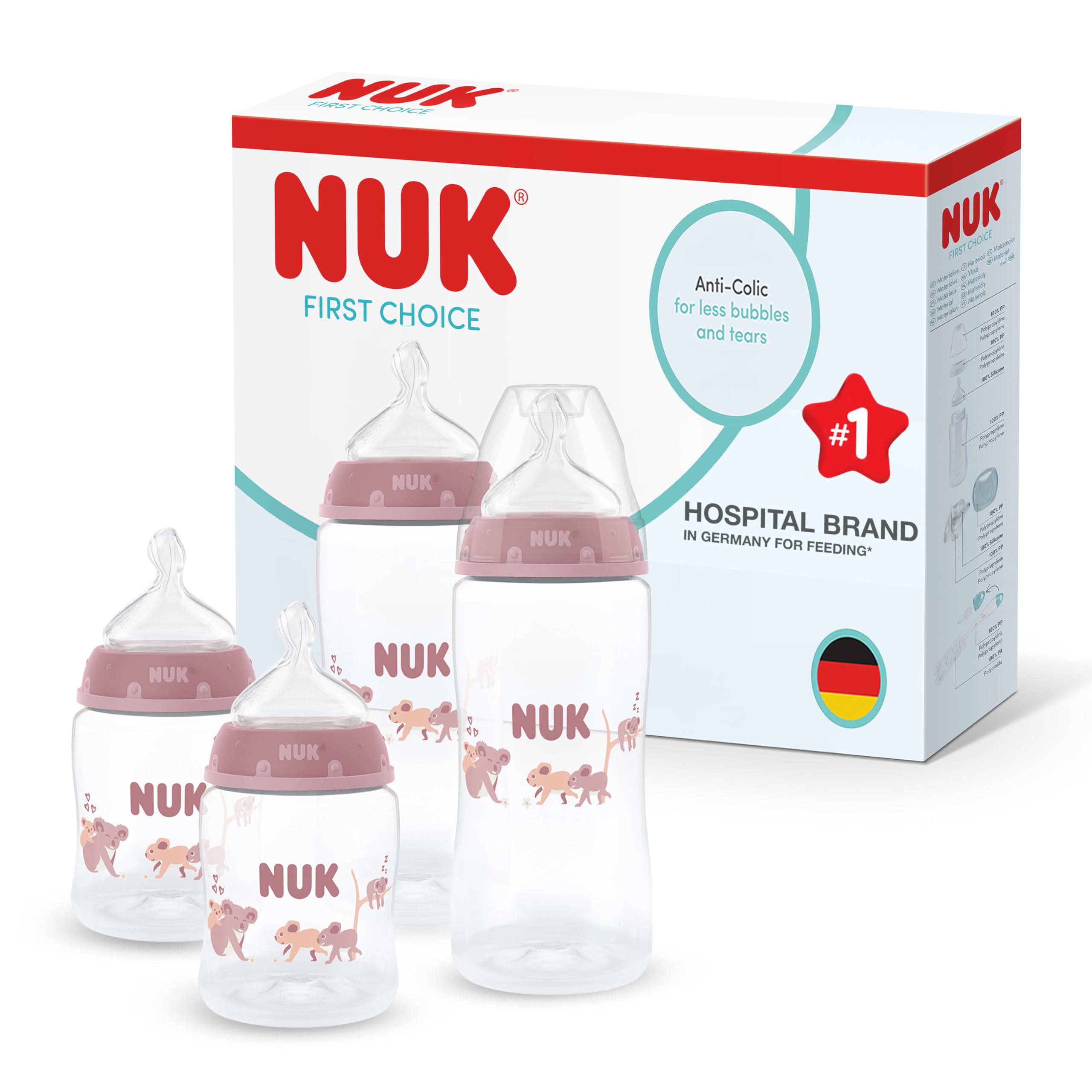 NUK First Choice Baby Bottles Set for Newborns | 0-3+ Months | 150ml & 300ml | Anti Colic Feeding Bottle | PP | Temperature Control Indicator | Koala | 4 Count