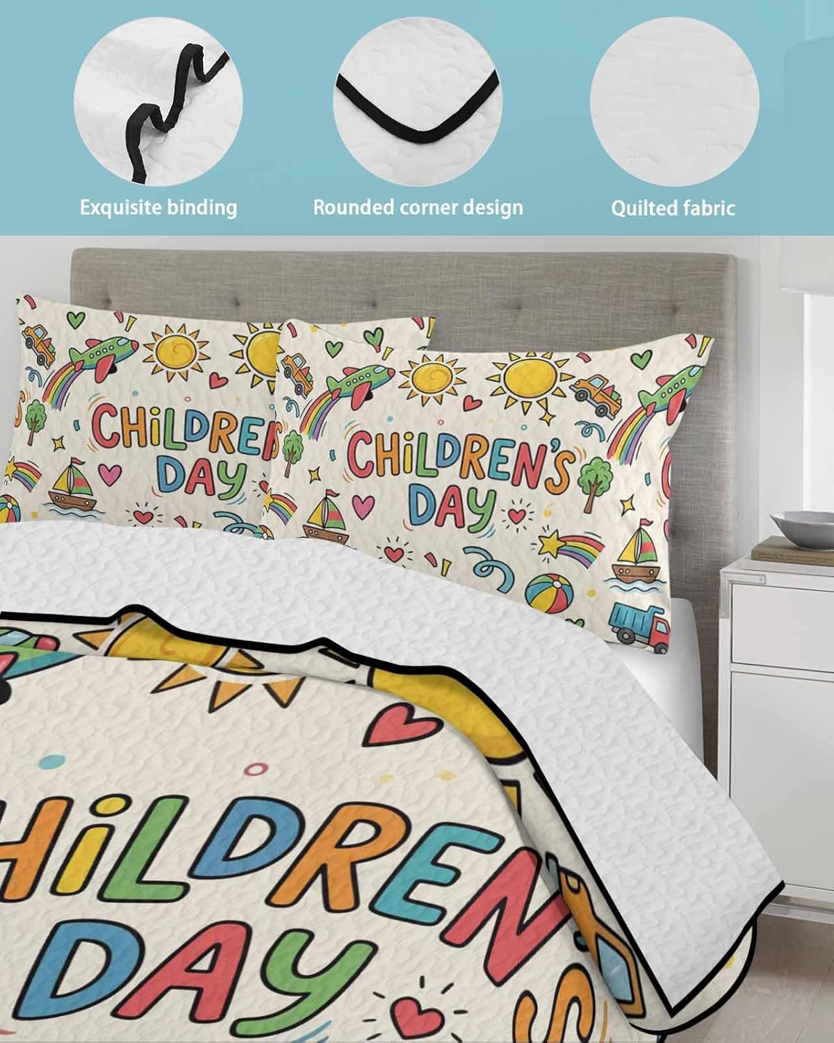 Twin Quilt Bedding Set, Colorful Children's Day Lightweight Summer Quilt 3 Pieces Bedding Sets, Car Tree Stars Modern Abstract Art Reversible Soft Bedspreads Coverlets with 2 Pillow Shams