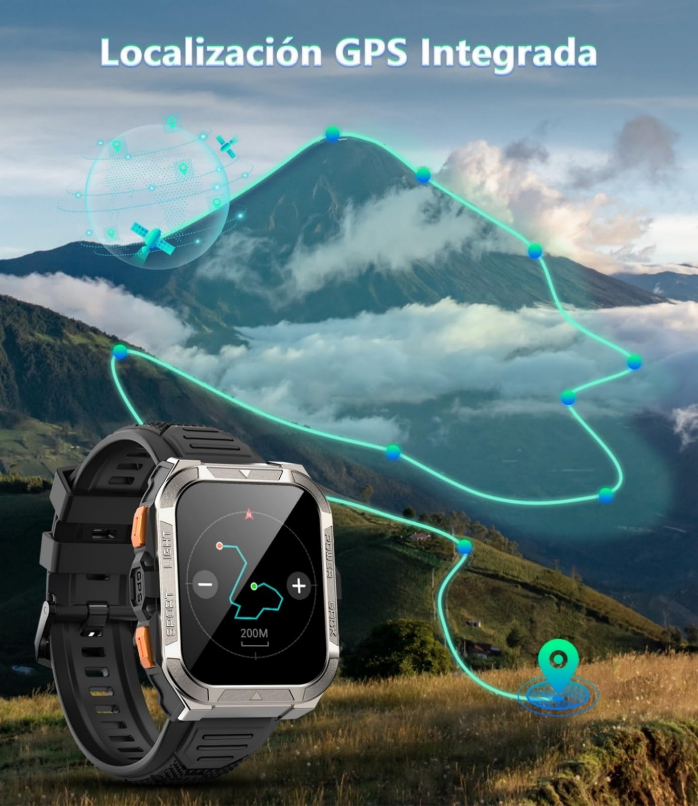 IOWODO Reloj Inteligente Hombre con GPS,1.91" Militar Smartwatch con Llamadas Bluetooth,20 Días Batería/2 Correas/Linterna LED/Brújula/100+ Modo Deporte/IP68,24h Pulsómetro/SpO2/Sueño para Android iOS