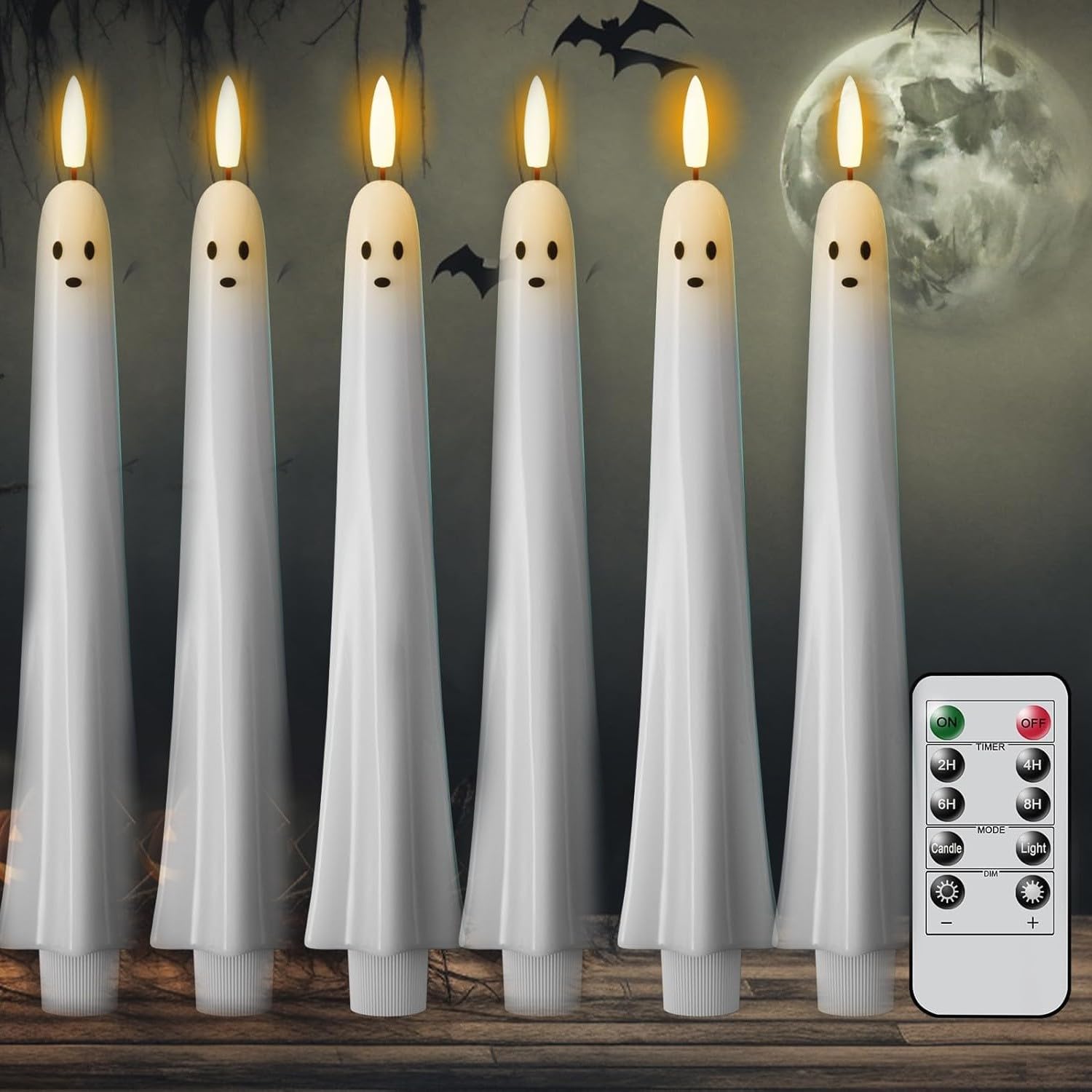 Halloween Ghost Flameless Candles, LED Taper Candles with Remote, Flickering Battery Operated, Halloween Decor for Indoor Outdoor Thanksgiving Fireplace Window Table Party，6PC