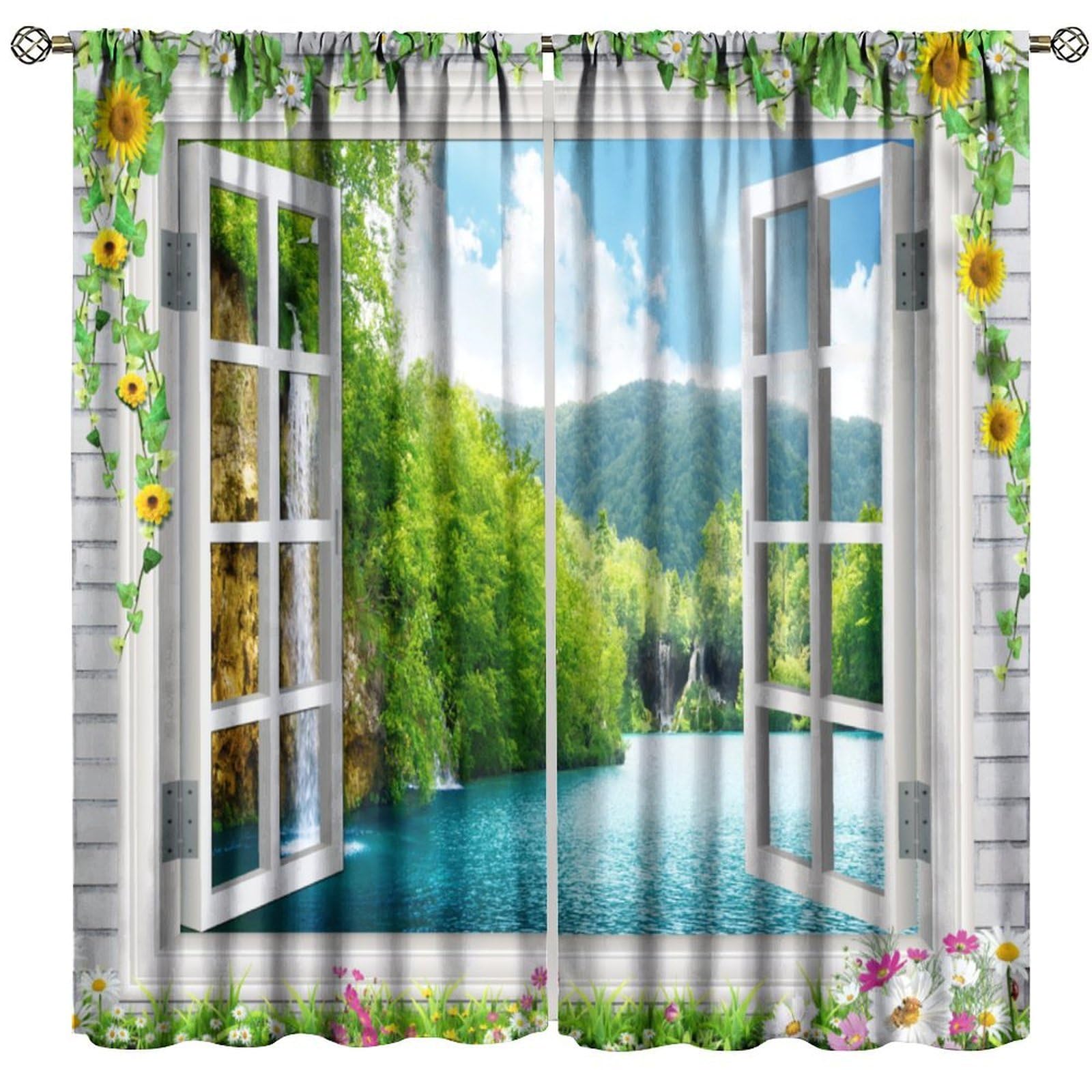 BenYaSong Forest Waterfall Blackout Curtain Flowers Windowsill Around Window View Lake Waterfalls Hills for Home Kitchen Livingroom Coffee Room Window Drapes 2Panel 63" W X 63" L