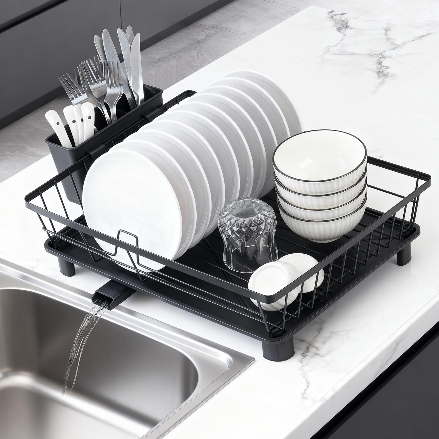 DPWEION Dish Drainer Rack for Kitchen-Space Saving Metal Dishes Drying Rack with Cutlery Holde & Drip Tray-Draining Board Racks(43x32.5x15cm,Black)