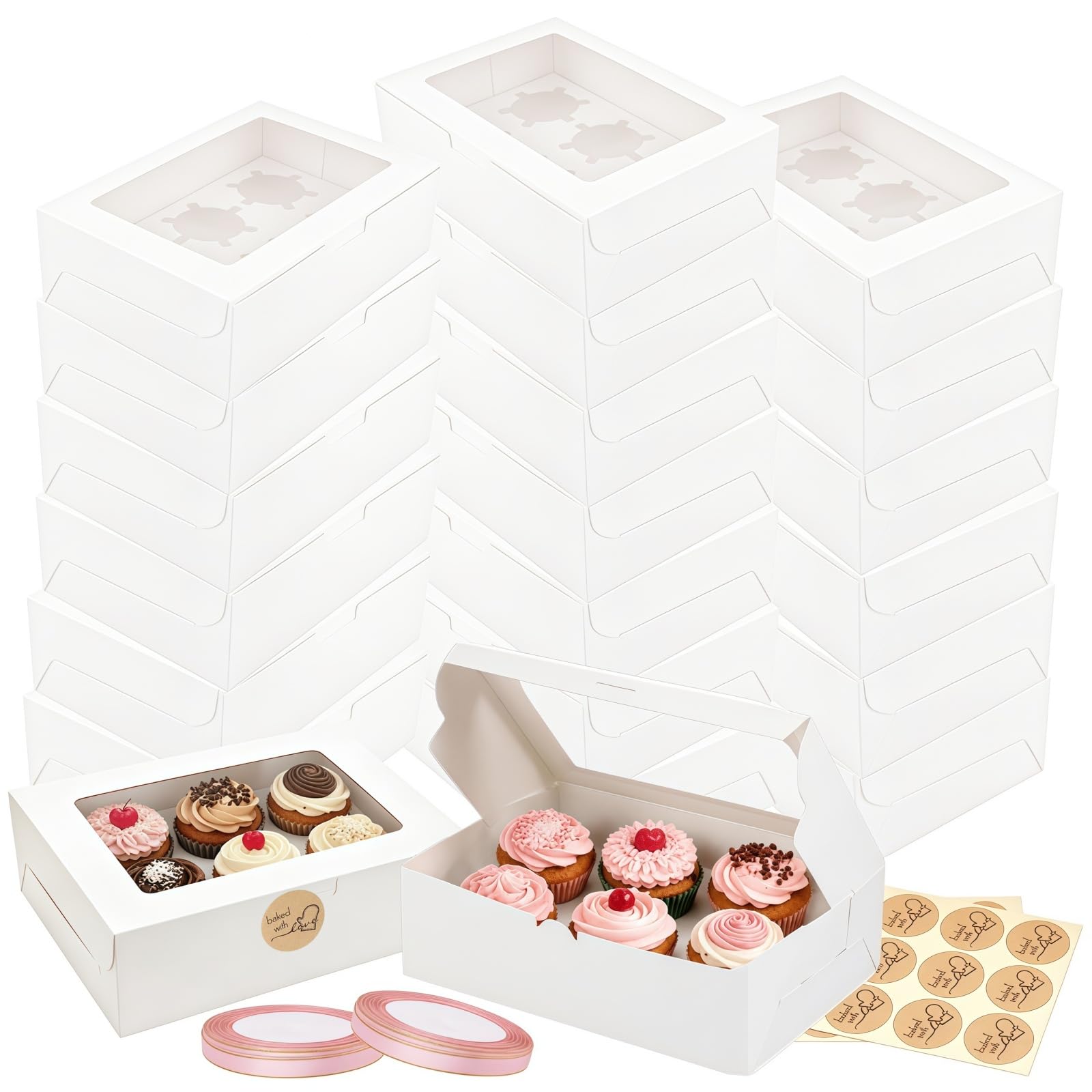 24 Packs White Cupcake Boxes 6 Holes with Window, Cardboard Cake Boxes