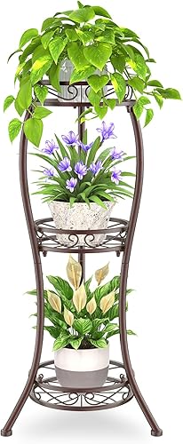 Miniatura 1 de iDavosic.ly Soporte para plantas de metal de 3 niveles alto para interiores y exteriores, estante porta macetas esquinero de hierro forjado, rack de