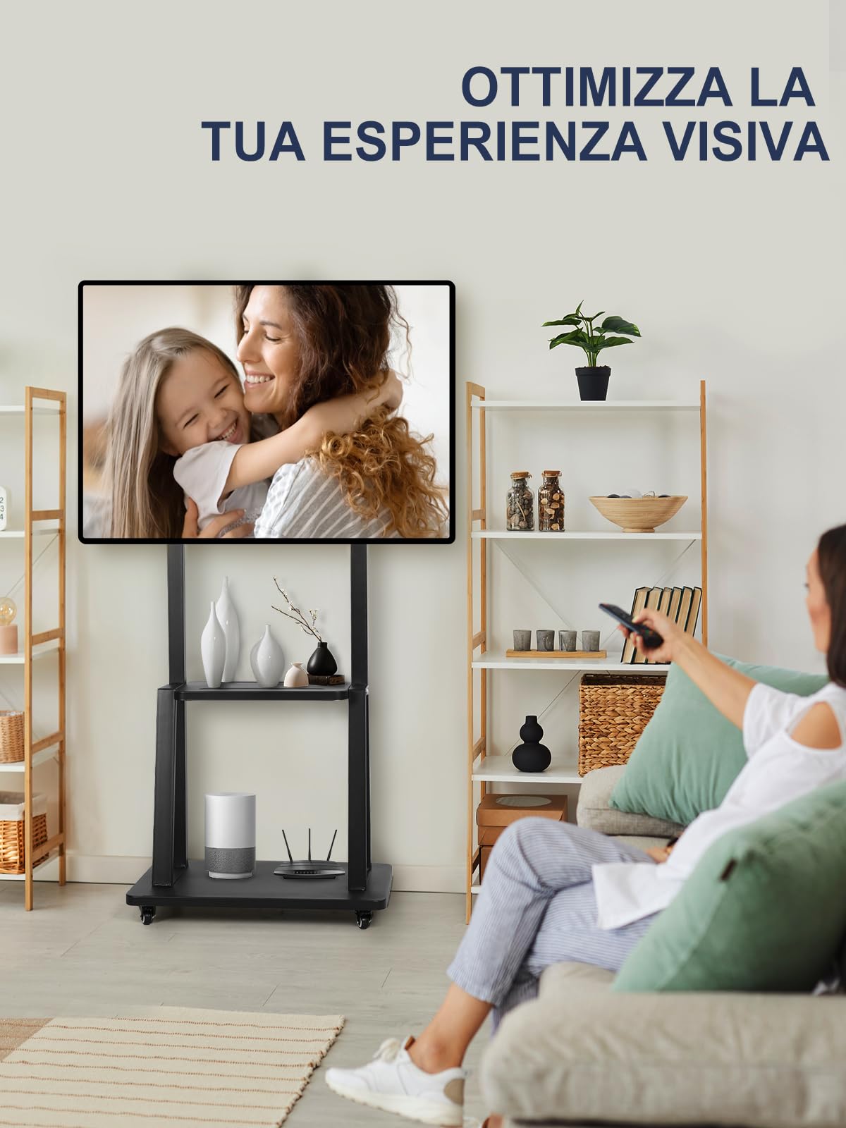 Supporto TV da Pavimento per Schermi Piatti/Curvi Da 32-75 Pollici LED/LCD/OLED, Altezza Regolabile, Carrello Porta TV con Ruote Fino a 45kg, con Mensola per Laptop o DVD,Nero