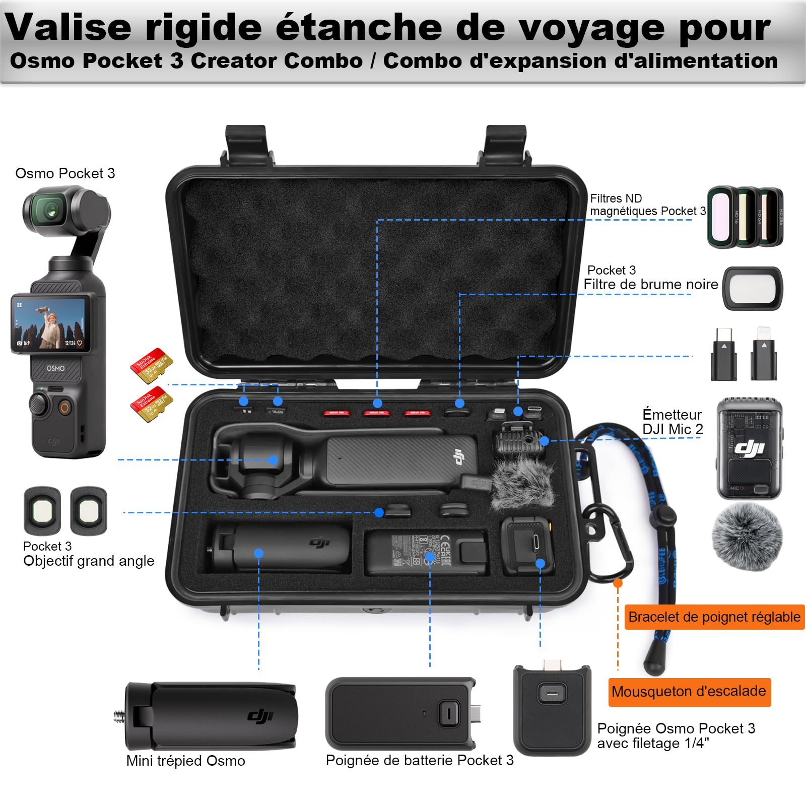 LEKUFEE Étui Rigide étanche pour DJI Osmo Pocket 4,DJI Pocket 3, Bundle Standard, Bundle Créateur, Bundle Essentiel, et Accessoires (Boîte Uniquement)