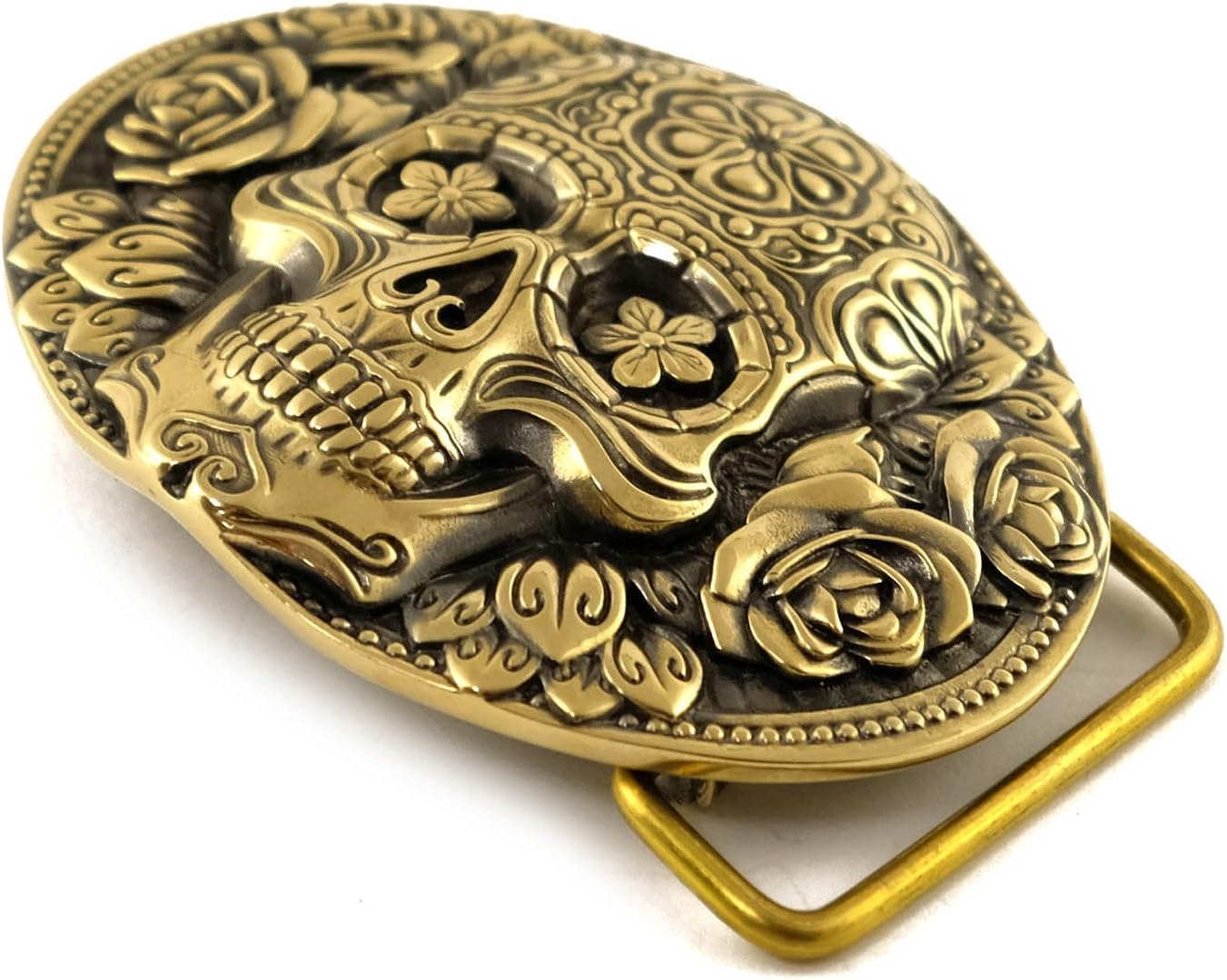 Leather belt with Skull El Día de Muertos belt buckle, The Day of the Dead, Santa Muerte skull solid brass belt buckle on casual leather belt 1.5 or 1.8 inches