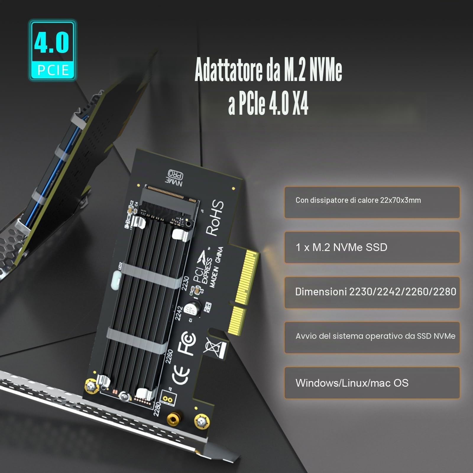 GLOTRENDS PA09-HS Adattatore da M.2 NVMe a PCIe 4.0 X4 con dissipatore M.2 per 2280/2260/2242/2230 SSD M.2 NVMea