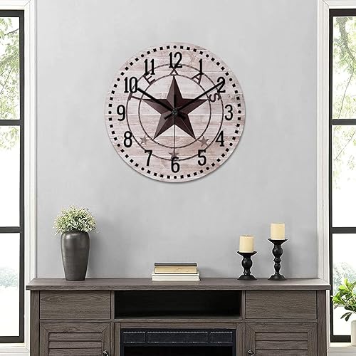 Miniatura 6 de Reloj de pared redondo de 10 pulgadas con estrella de Texas occidental, reloj de pared decorativo de madera antigua, sin tictac, funciona con pilas,