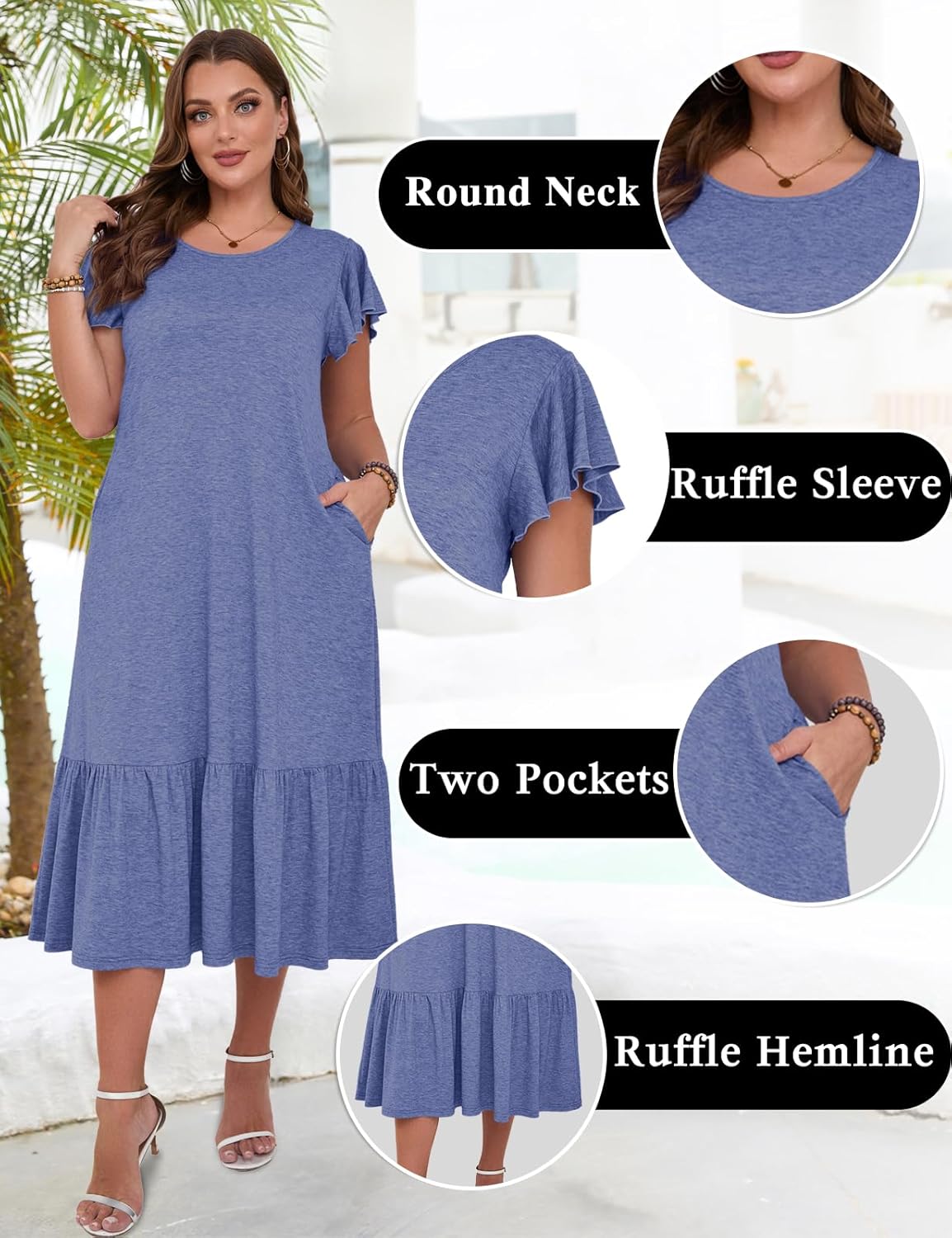 MONNURO Women Summer Causal Ruffle Short Sleeve T Shirt Maxi Beach Long Dress with Pockets - Image 4