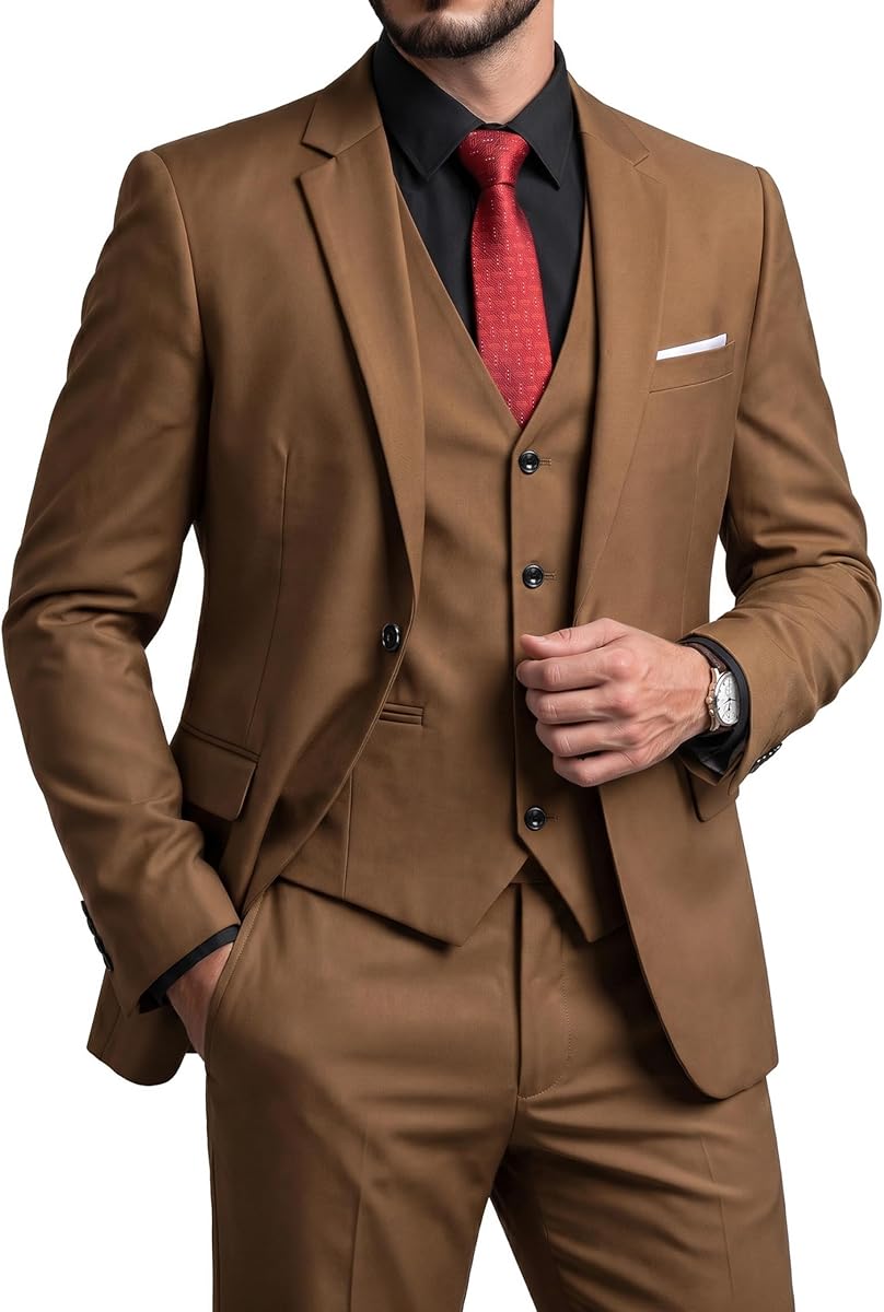 Men's Slim Fit 3 Piece Suit Set with Stretch Fabric, One Button Solid Blazer Vest Pants with Tie