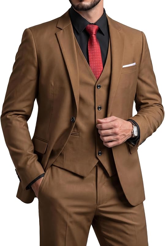 Men's Slim Fit 3 Piece Suit Set with Stretch Fabric, One Button Solid Blazer Vest Pants with Tie
