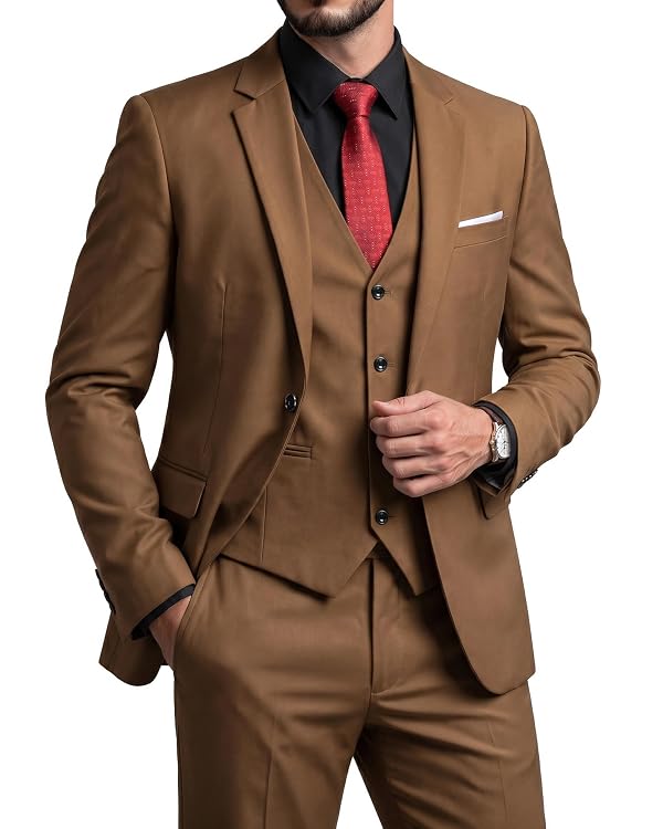 YND Men's Slim Fit 3 Piece Suit Set, One Button Solid Blazer Vest Pants with Tie, for Wedding Party Proms and Business, Khaki by YND - Used condition - US$58.24