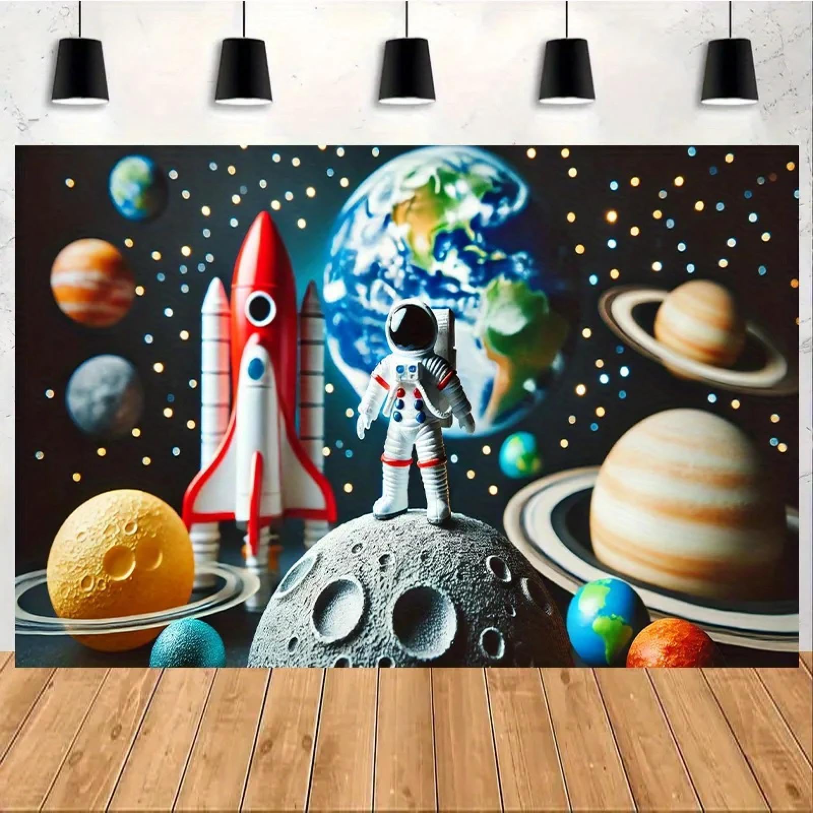 Vinyl Foto Hintergrund Von Einem Astronauten Auf Dem Mond Eine Weltraum Motto Party Banner Raketen Planeten Und Sterne